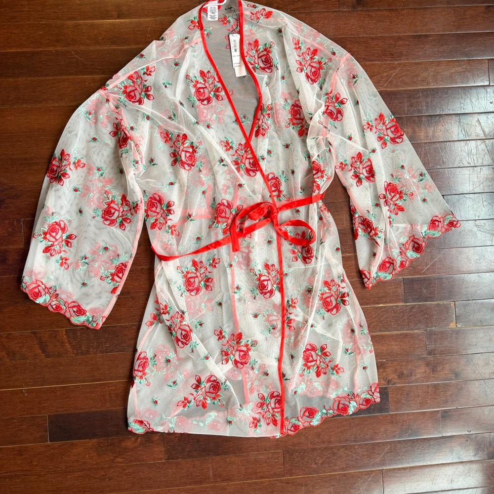 Victoria's Secret Embroidered Mesh Kimono Robe – Rose Print – Size XS/S – NWT